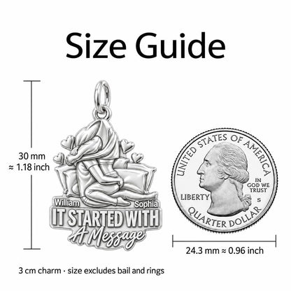 It Started With A Message Charm Bracelet – Personalized Couple Gift – size guide, 3 cm charm next to a quarter