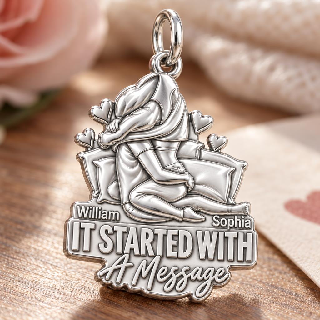 It Started With A Message Charm Bracelet – Personalized Couple Gift – macro detail of the charm