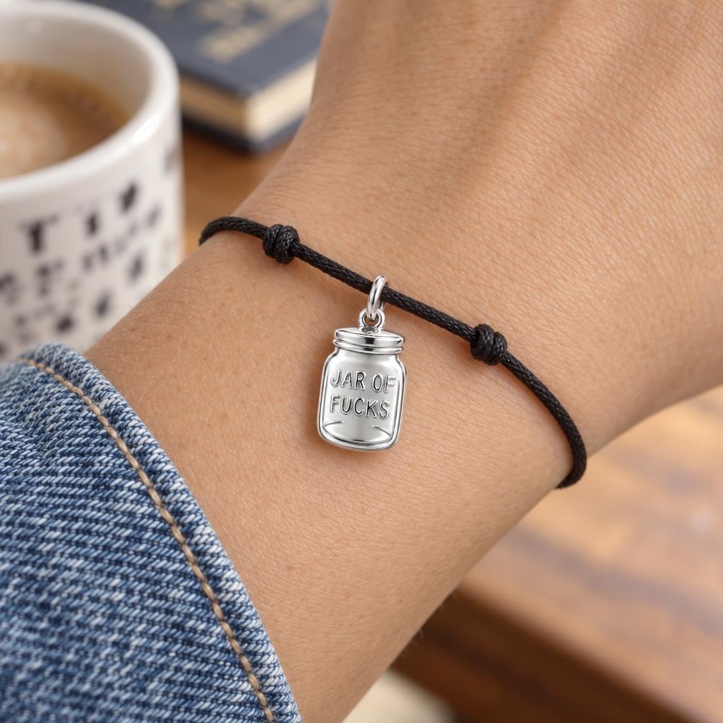 Jar of Fucks Charm Bracelet – Personalized Bestie Gift – worn on the wrist on a black cord bracelet
