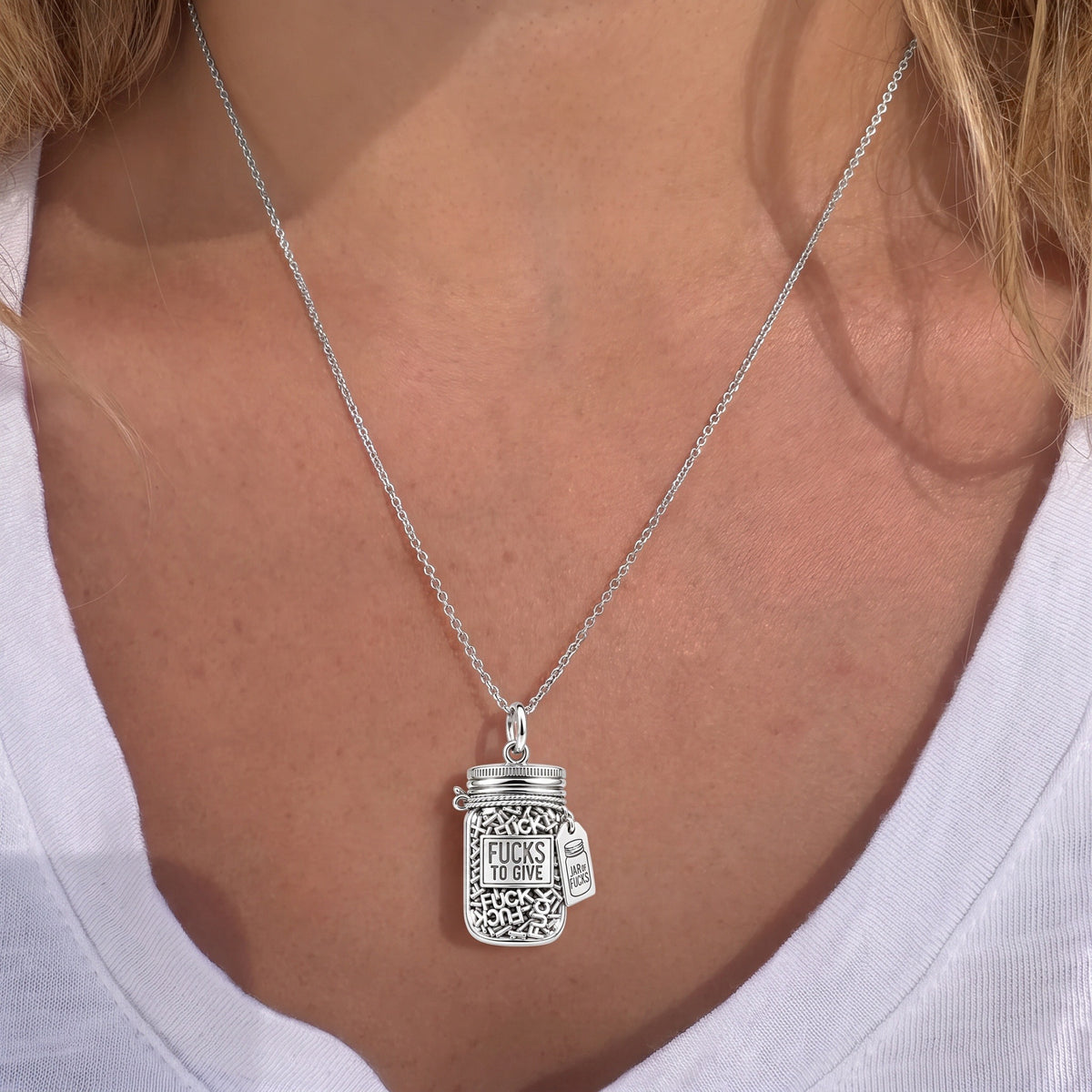 Jar of Fucks Charm Necklace Set – worn / in use