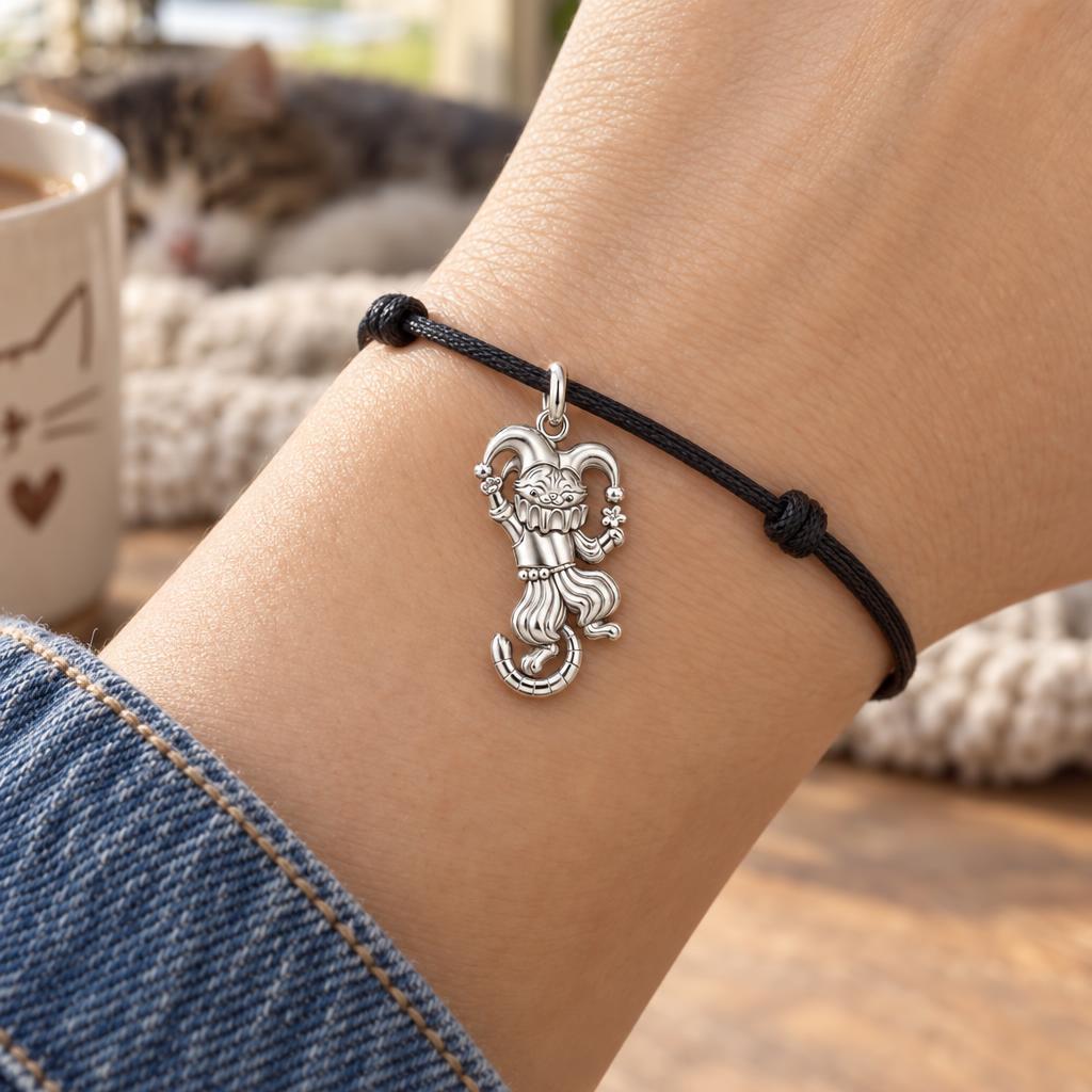 Jester Cat Charm Bracelet – Personalized Cat Mom Gift – worn on the wrist on a black cord bracelet