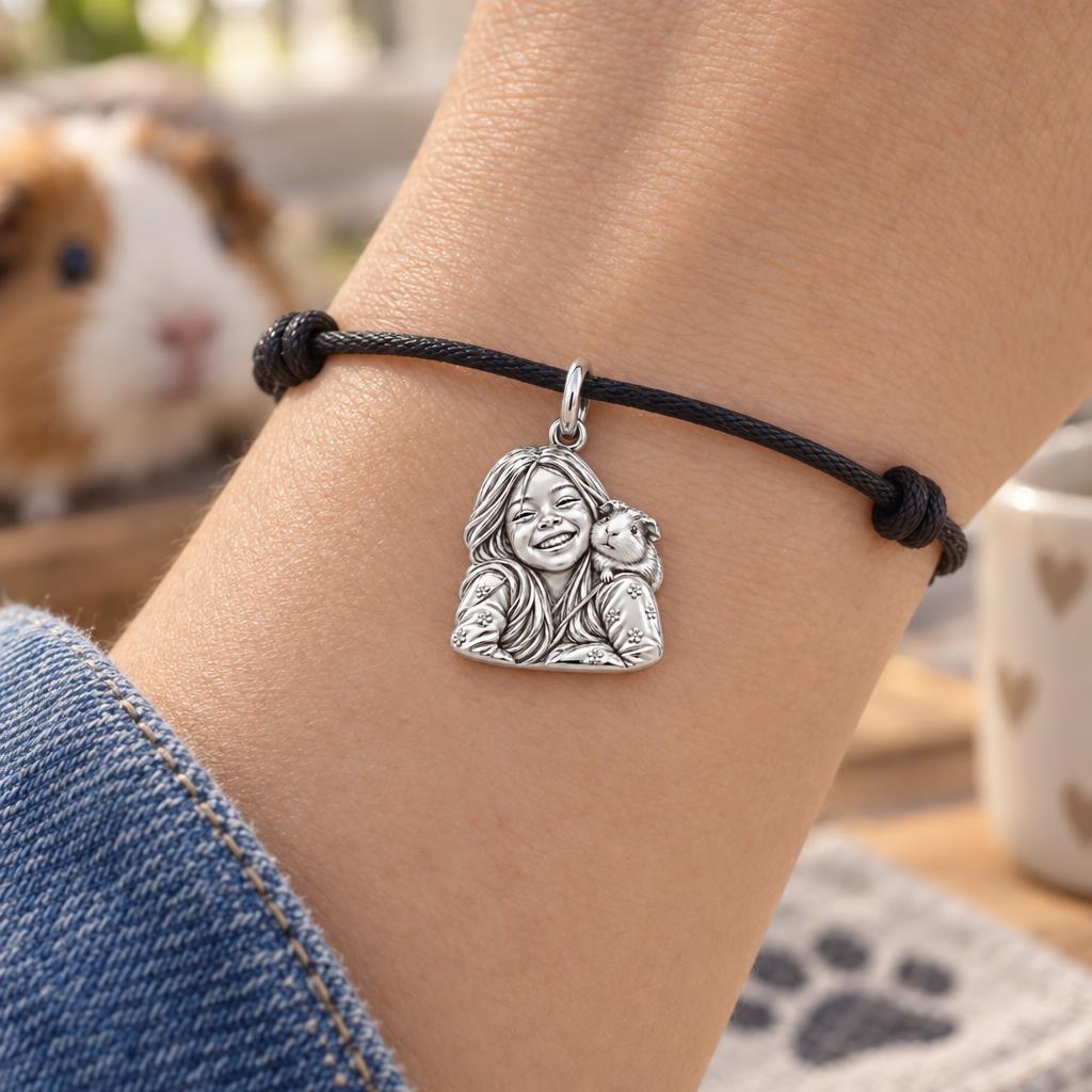 Joyful Guinea Pig Selfie Charm Bracelet – Personalized Pet Lovers Gift – worn on the wrist on a black cord bracelet