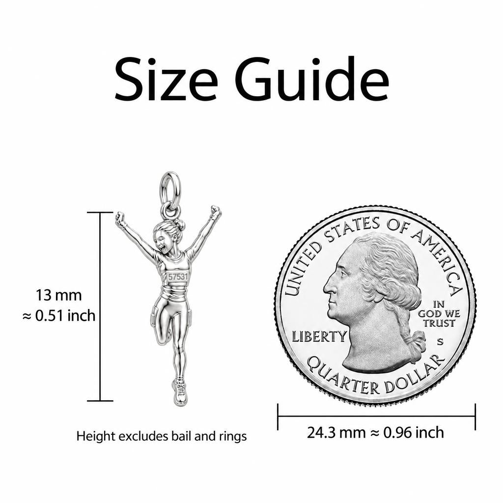 Joyful Marathon Runner Charm Bracelet – Personalized Runner Gift – size guide, 13 mm charm next to a quarter