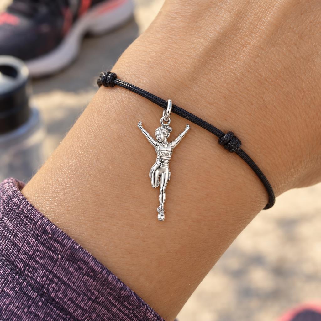 Joyful Marathon Runner Charm Bracelet – Personalized Runner Gift – worn on the wrist on a black cord bracelet