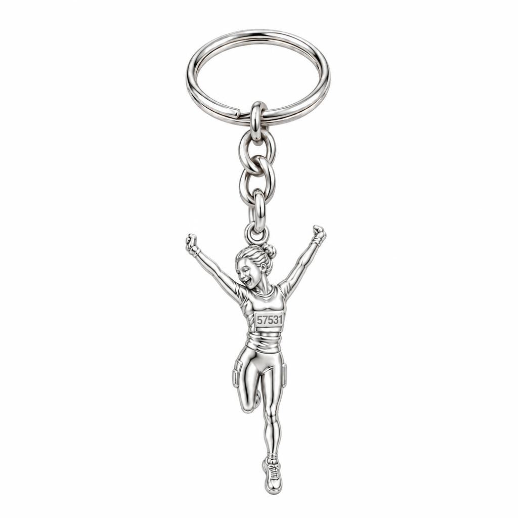 Joyful Marathon Runner Charm Keychain – silver, front view