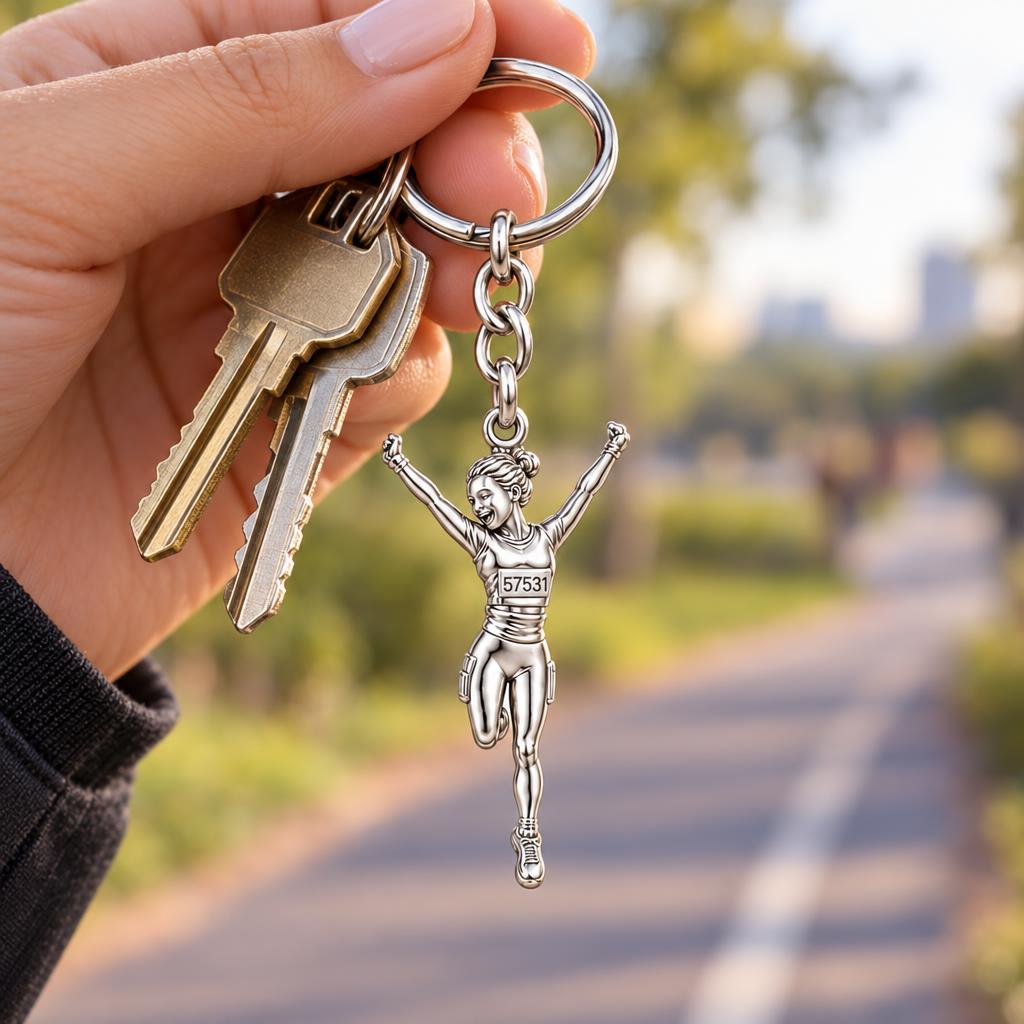 Joyful Marathon Runner Charm Keychain – worn / in use