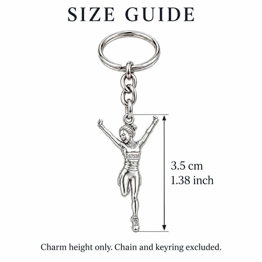 Joyful Marathon Runner Charm Keychain – size guide, 3.5 cm (1.38 in) charm, chain and keyring excluded