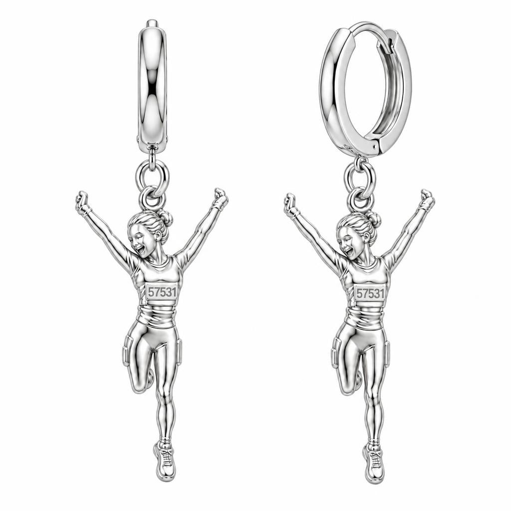 Joyful Marathon Runner Huggie Charm Earrings – silver, front view