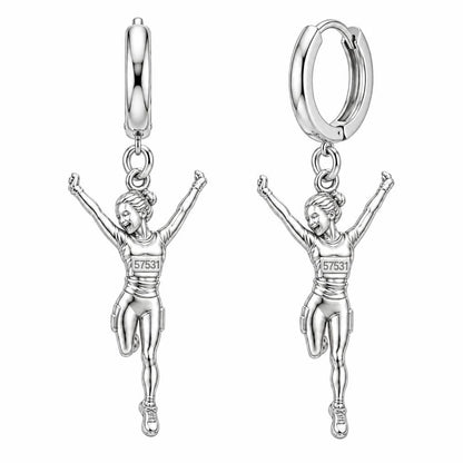 Joyful Marathon Runner Huggie Charm Earrings – silver, front view