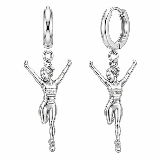 Joyful Marathon Runner Huggie Charm Earrings – silver, front view