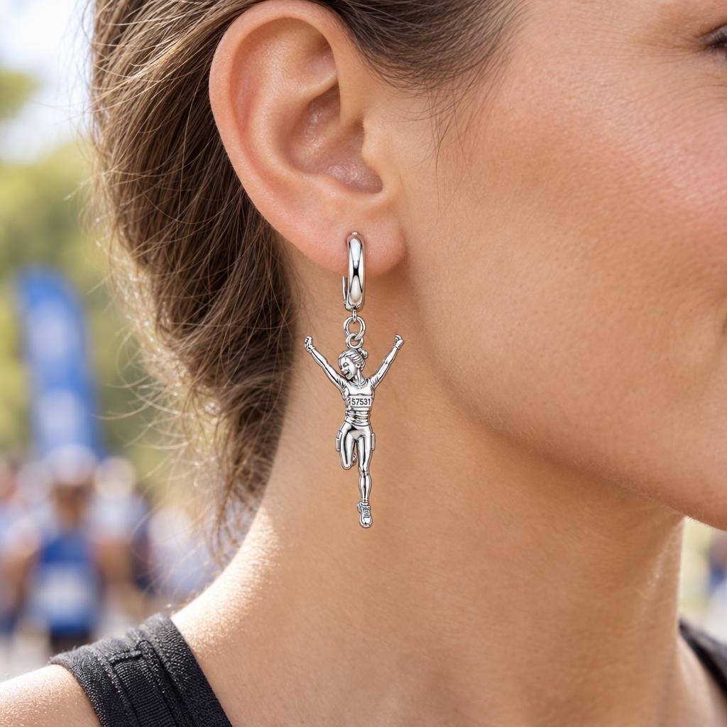Joyful Marathon Runner Huggie Charm Earrings – worn / in use