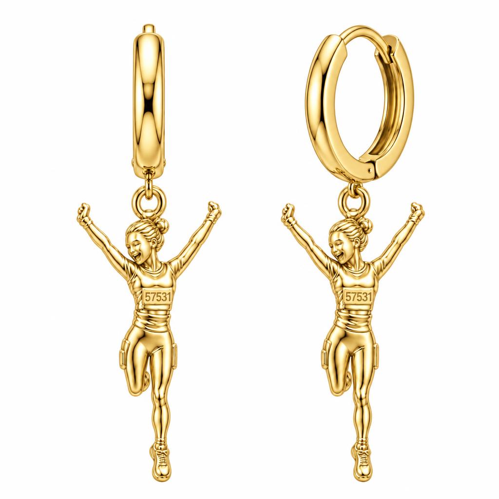 Joyful Marathon Runner Huggie Charm Earrings – 18K gold, front view