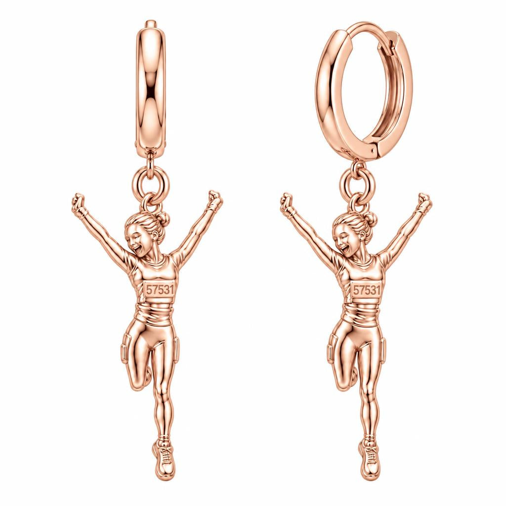 Joyful Marathon Runner Huggie Charm Earrings – rose gold, front view