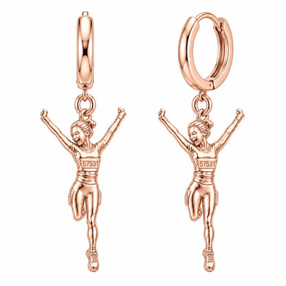 Joyful Marathon Runner Huggie Charm Earrings – rose gold, front view