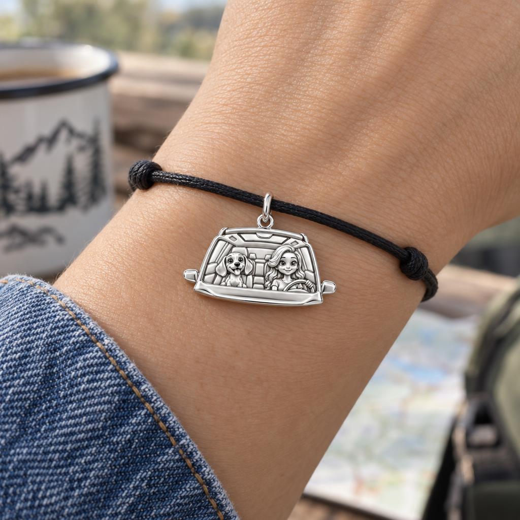 Joyride Adventure Charm Bracelet – Personalized Dog Mom Gift – worn on the wrist on a black cord bracelet