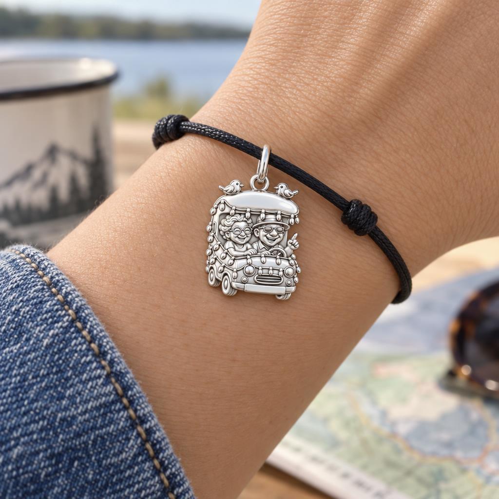 Joyride of a Lifetime Charm Bracelet – Personalized Couple G – worn on the wrist on a black cord bracelet