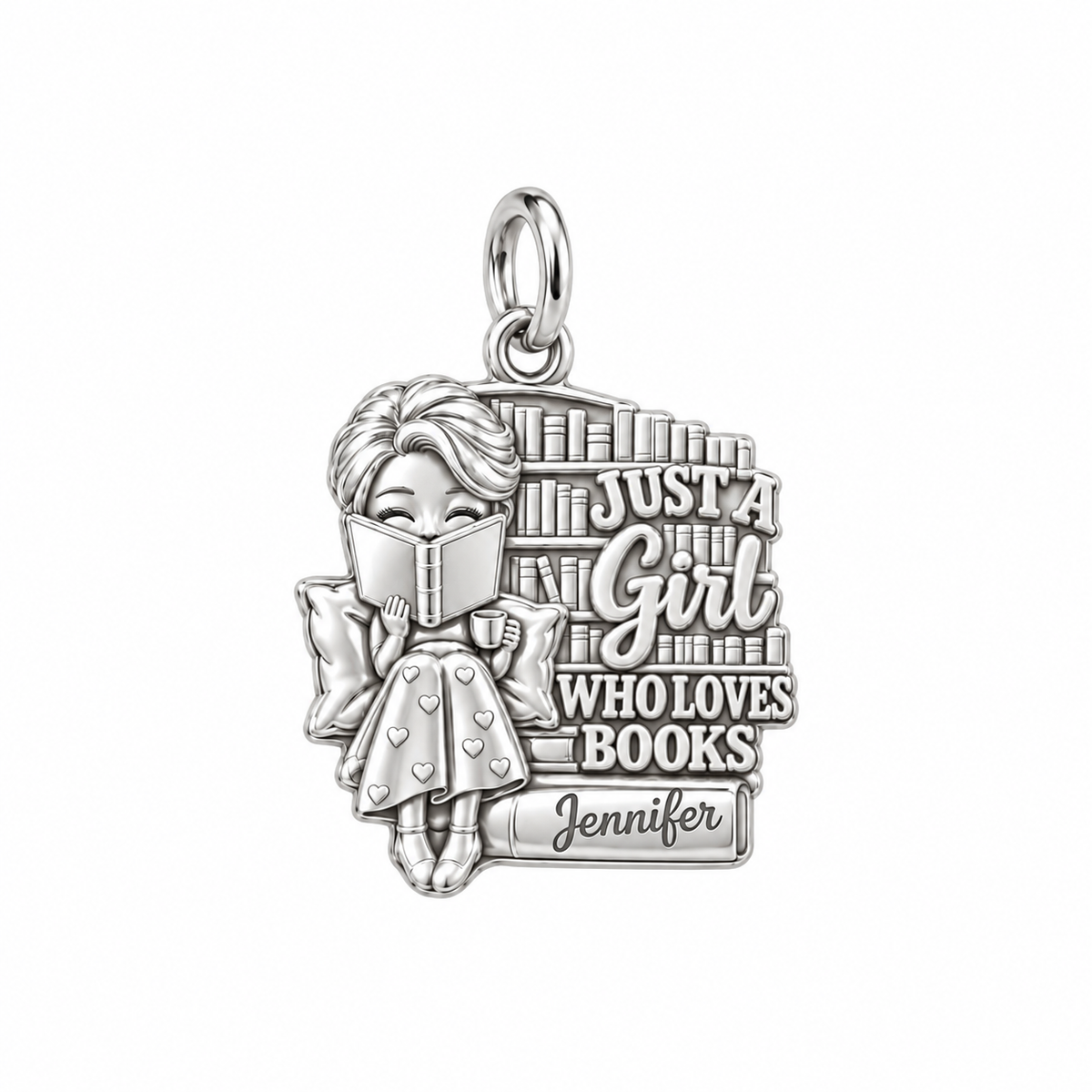 Just A Girl Reading Charm Bracelet – Personalized Book Lover Gift – silver plated 3 cm charm, front view