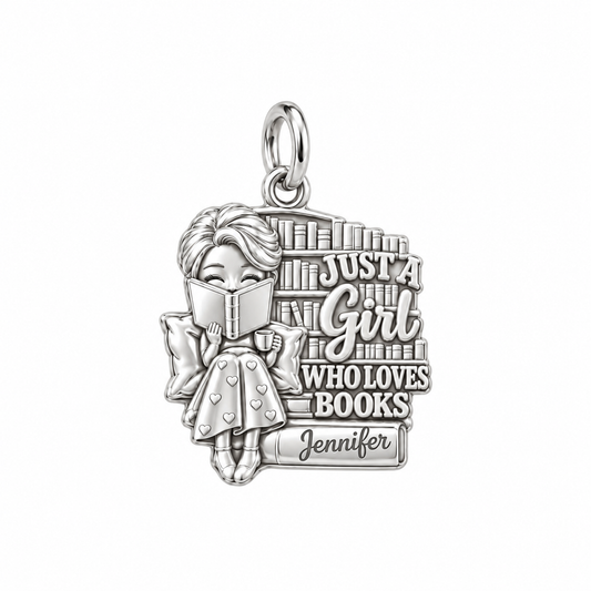 Just A Girl Reading Charm Bracelet – Personalized Book Lover Gift – silver plated 3 cm charm, front view