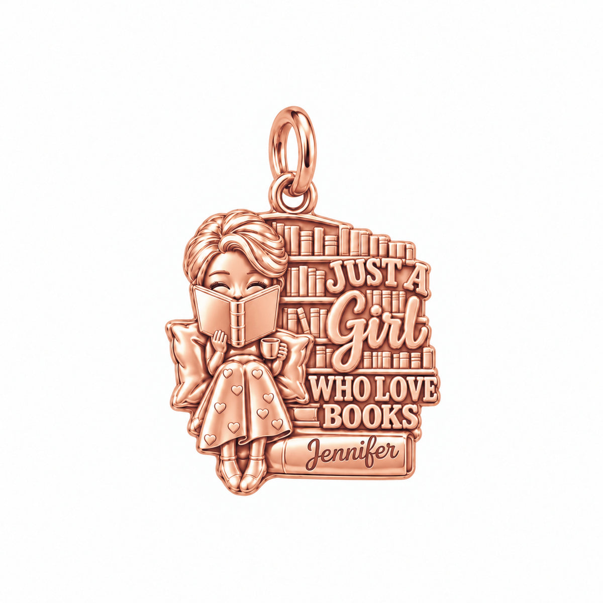 Just A Girl Reading Charm Bracelet – Personalized Book Lover Gift – rose gold 3 cm charm, front view