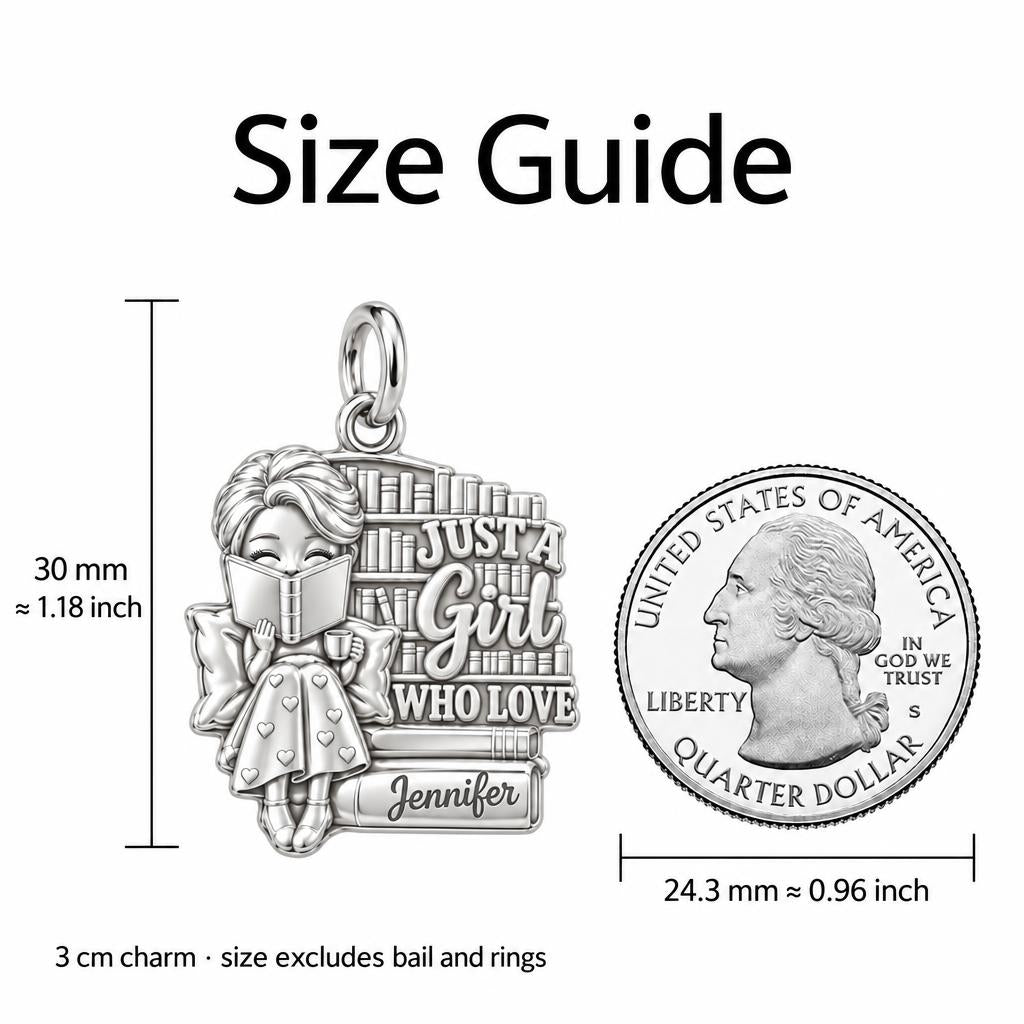 Just A Girl Reading Charm Bracelet – Personalized Book Lover Gift – size guide, 3 cm charm next to a quarter