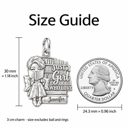 Just A Girl Reading Charm Bracelet – Personalized Book Lover Gift – size guide, 3 cm charm next to a quarter