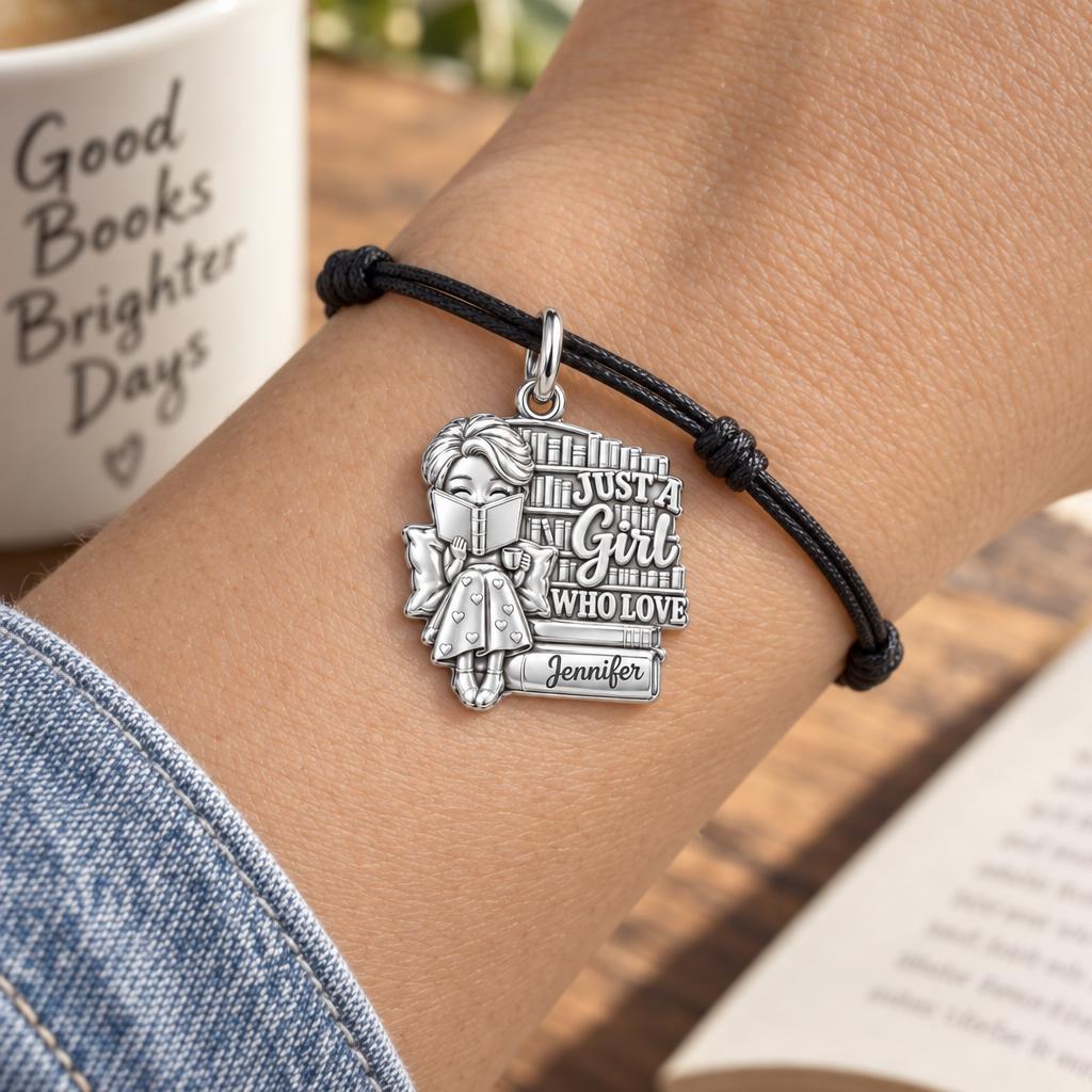 Just A Girl Reading Charm Bracelet – Personalized Book Lover Gift – worn on the wrist on a black cord bracelet
