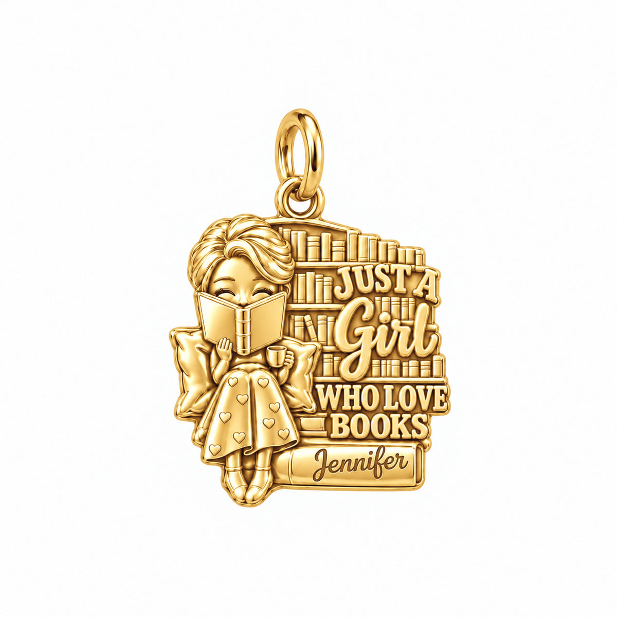 Just A Girl Reading Charm Bracelet – Personalized Book Lover Gift – 18K gold plated 3 cm charm, front view