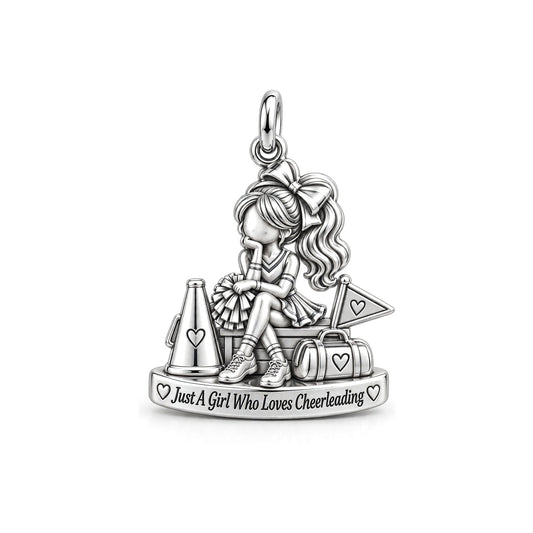 Just A Girl Who Loves Cheerleading Charm and Polyester Cord Bracelet Set – silver plated 3 cm charm, front view