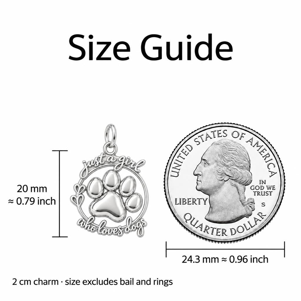 Just a Girl Who Loves Dogs Charm Bracelet – Personalized Dog Mom Gift – size guide, 3 cm charm next to a quarter