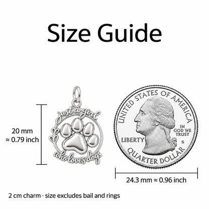 Just a Girl Who Loves Dogs Charm Bracelet – Personalized Dog Mom Gift – size guide, 3 cm charm next to a quarter