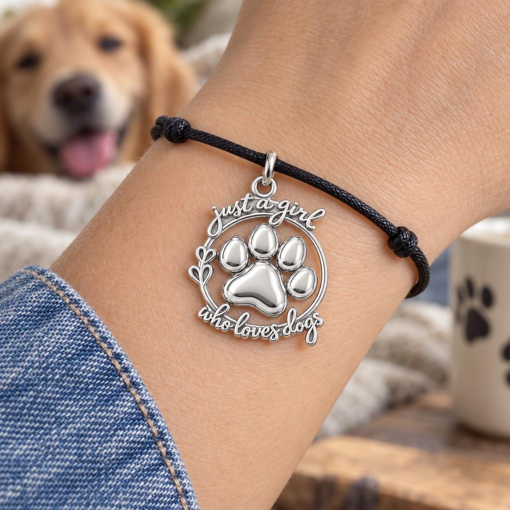 Just a Girl Who Loves Dogs Charm Bracelet – Personalized Dog Mom Gift – worn on the wrist on a black cord bracelet