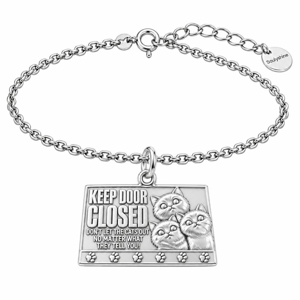 Keep Door Closed Cats Charm Bracelet Set – silver, front view