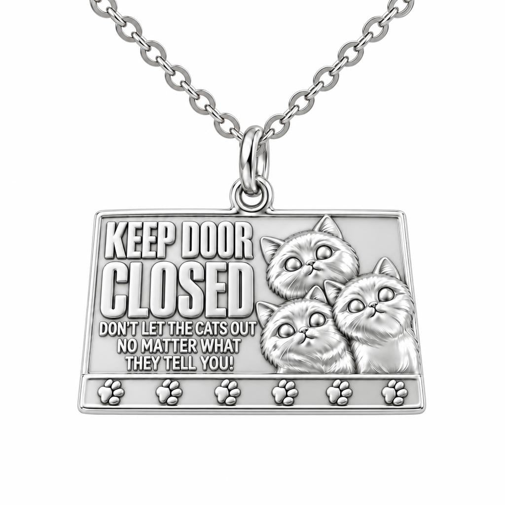 Keep Door Closed Cats Charm Necklace Set – silver, front view