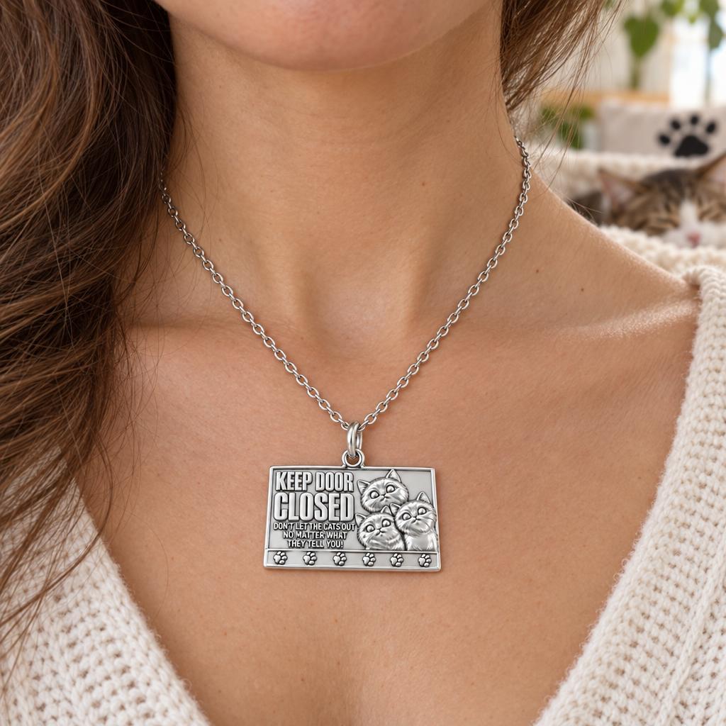Keep Door Closed Cats Charm Necklace Set – worn / in use
