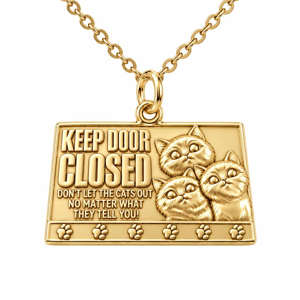 Keep Door Closed Cats Charm Necklace Set – 18K gold, front view
