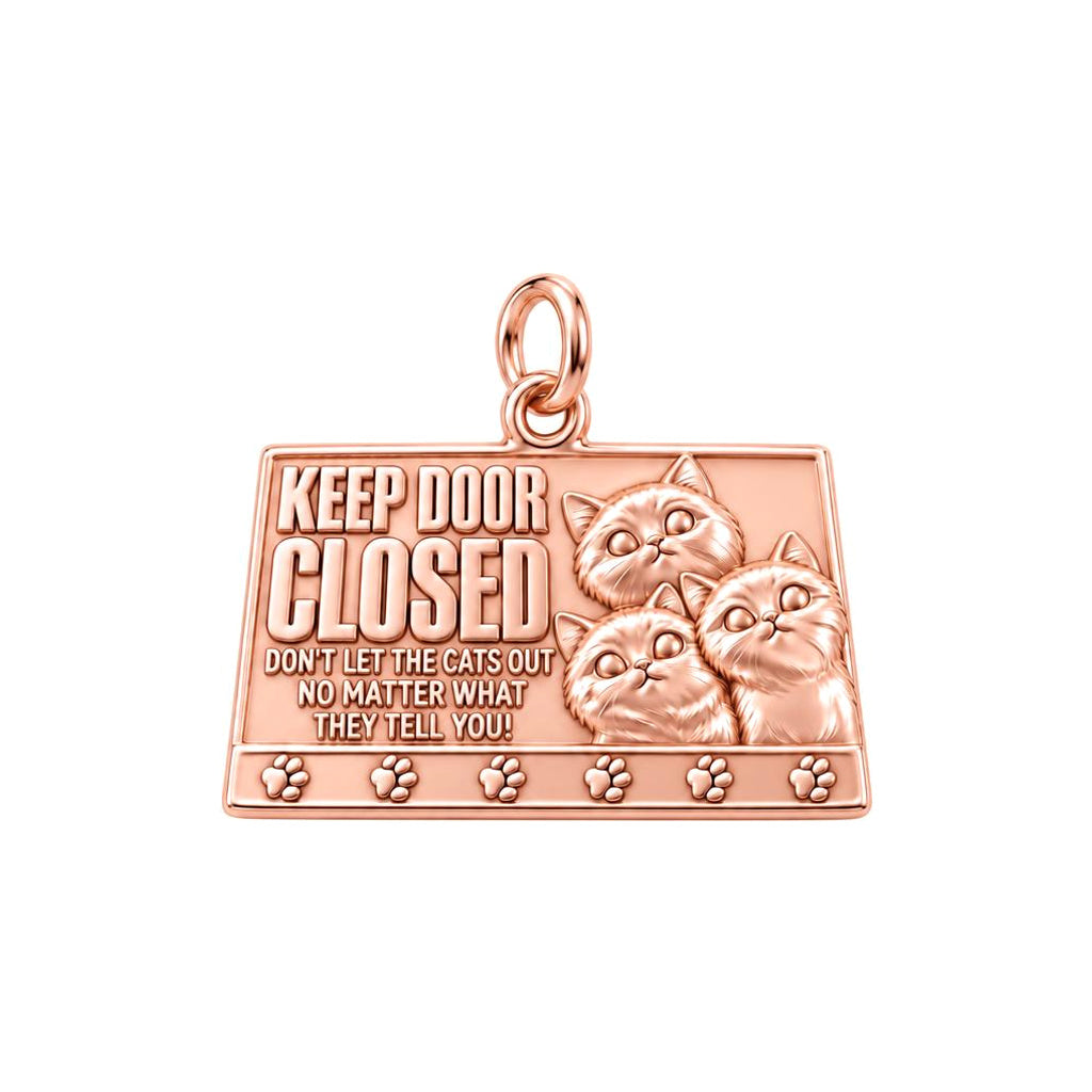 Keep Door Closed Charm Bracelet – Personalized Cat Mom Gift – rose gold 3 cm charm, front view