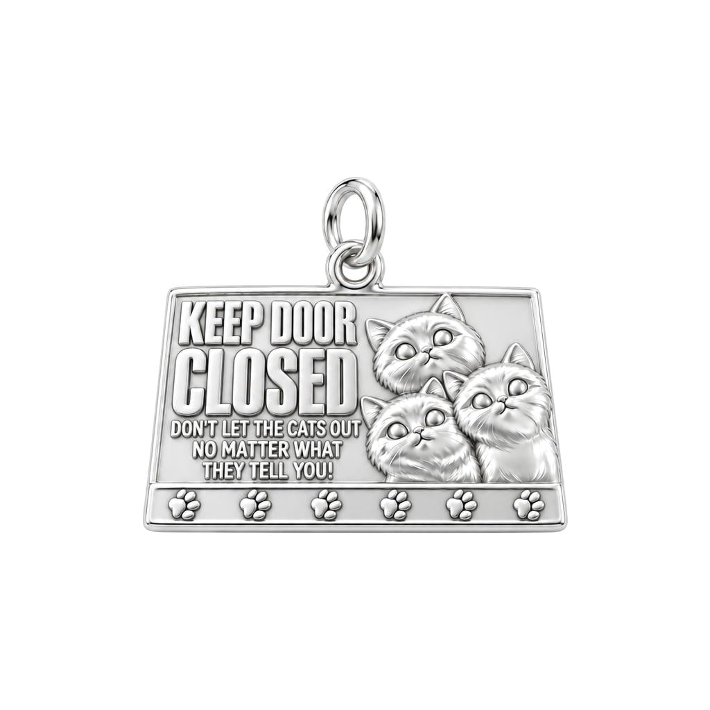 Keep Door Closed Charm Bracelet – Personalized Cat Mom Gift – silver plated 3 cm charm, front view