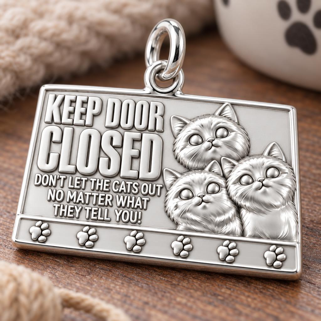 Keep Door Closed Charm Bracelet – Personalized Cat Mom Gift – macro detail of the charm