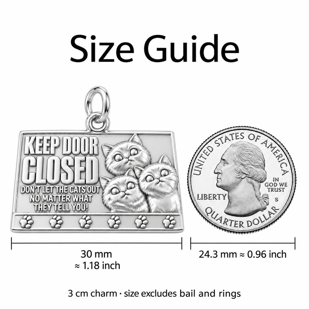 Keep Door Closed Charm Bracelet – Personalized Cat Mom Gift – size guide, 3 cm charm next to a quarter
