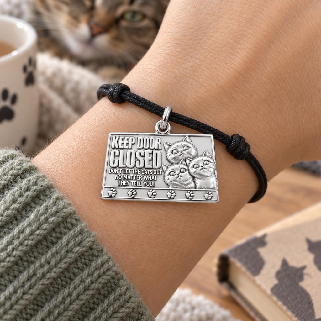 Keep Door Closed Charm Bracelet – Personalized Cat Mom Gift – worn on the wrist on a black cord bracelet