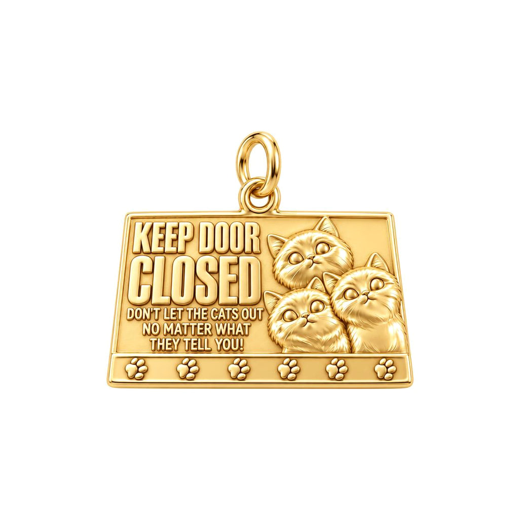 Keep Door Closed Charm Bracelet – Personalized Cat Mom Gift – 18K gold plated 3 cm charm, front view