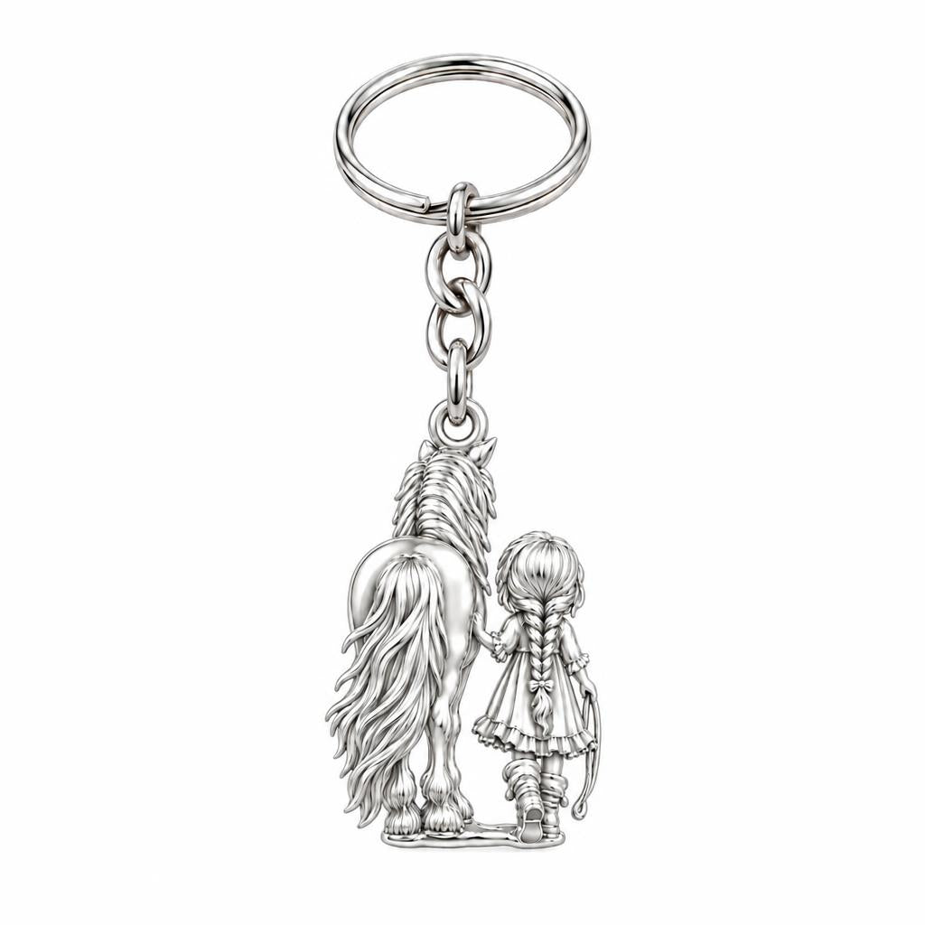Kindred Spirits Horse and Girl Charm Keychain – silver, front view