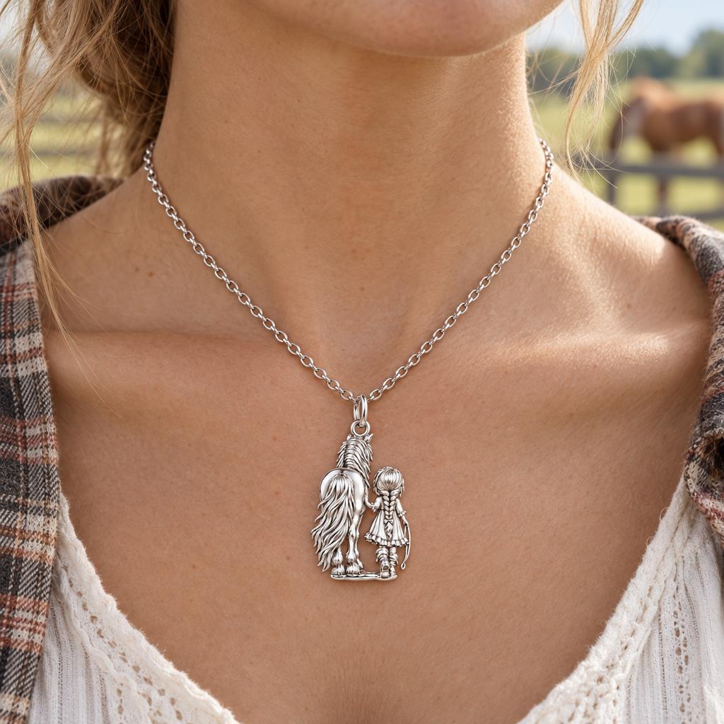 Kindred Spirits Horse and Girl Charm Necklace Set – worn / in use