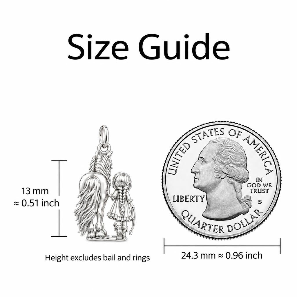 Kindred Spirits Horse and Girl Charm Necklace Set – size guide, 13 mm charm next to a quarter