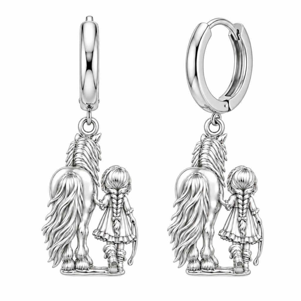 Kindred Spirits Horse and Girl Huggie Charm Earrings – silver, front view
