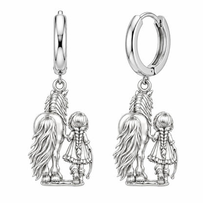 Kindred Spirits Horse and Girl Huggie Charm Earrings – silver, front view
