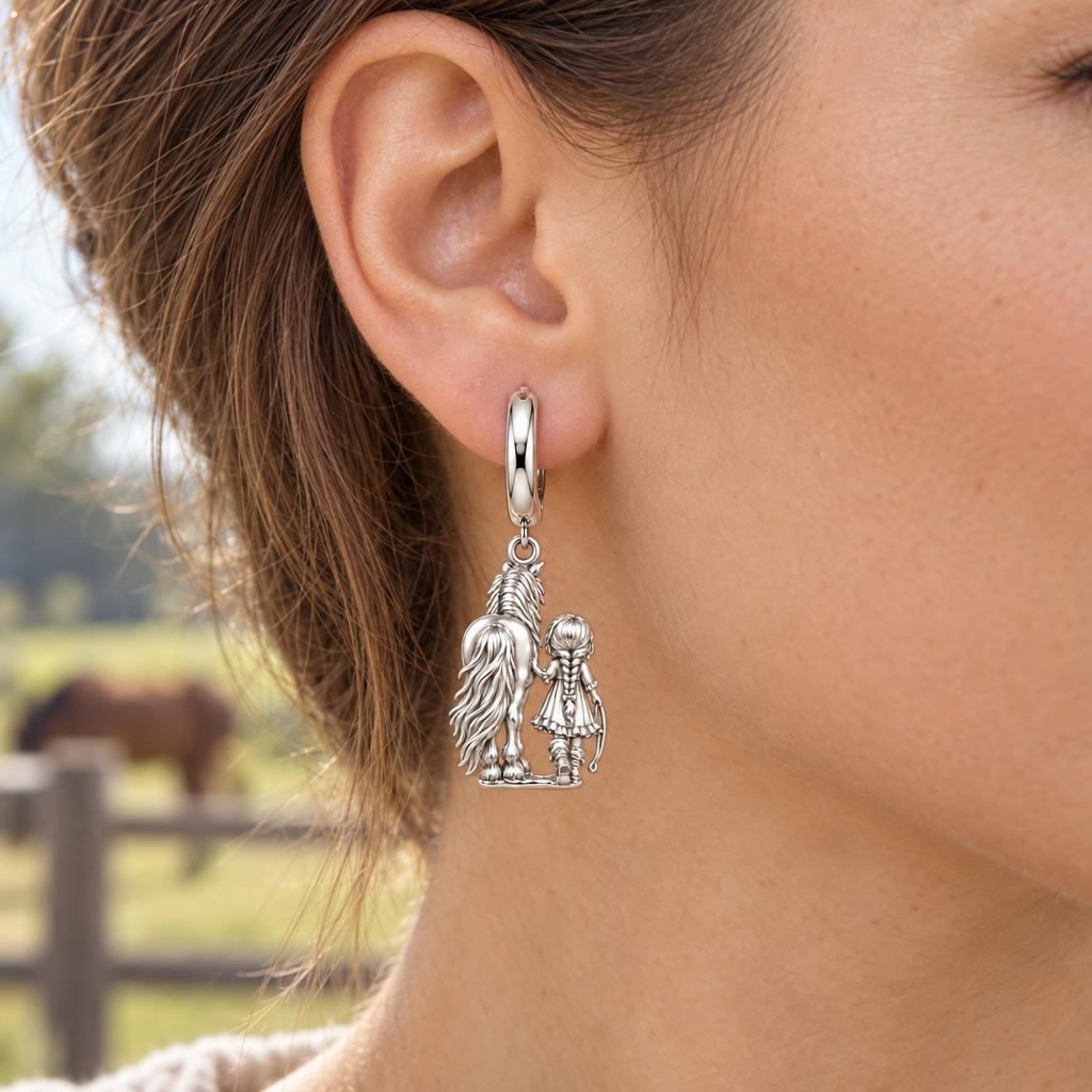 Kindred Spirits Horse and Girl Huggie Charm Earrings – worn / in use