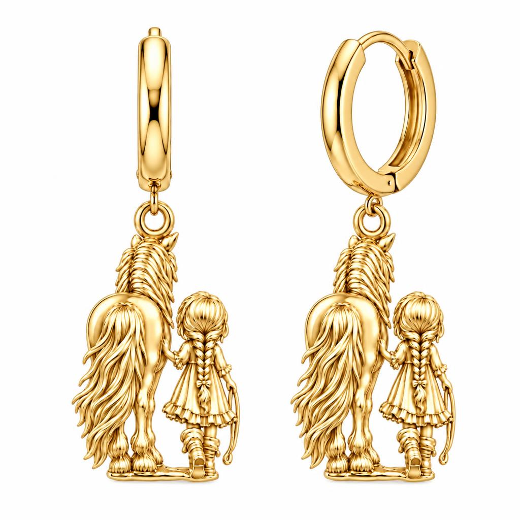Kindred Spirits Horse and Girl Huggie Charm Earrings – 18K gold, front view