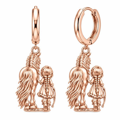 Kindred Spirits Horse and Girl Huggie Charm Earrings – rose gold, front view