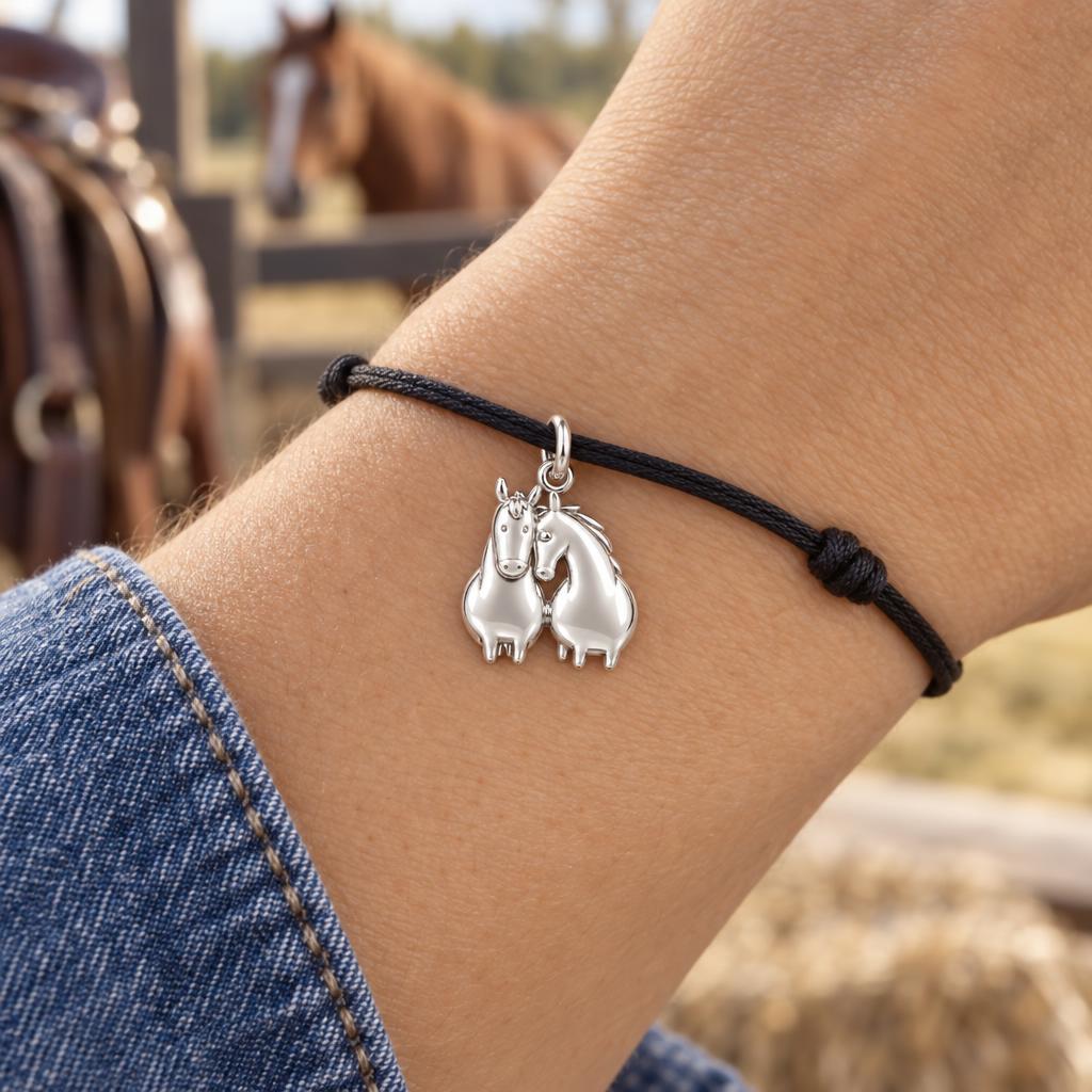 Kindred Spirits Horses Charm Bracelet – Personalized Horse Lover Gift – worn on the wrist on a black cord bracelet